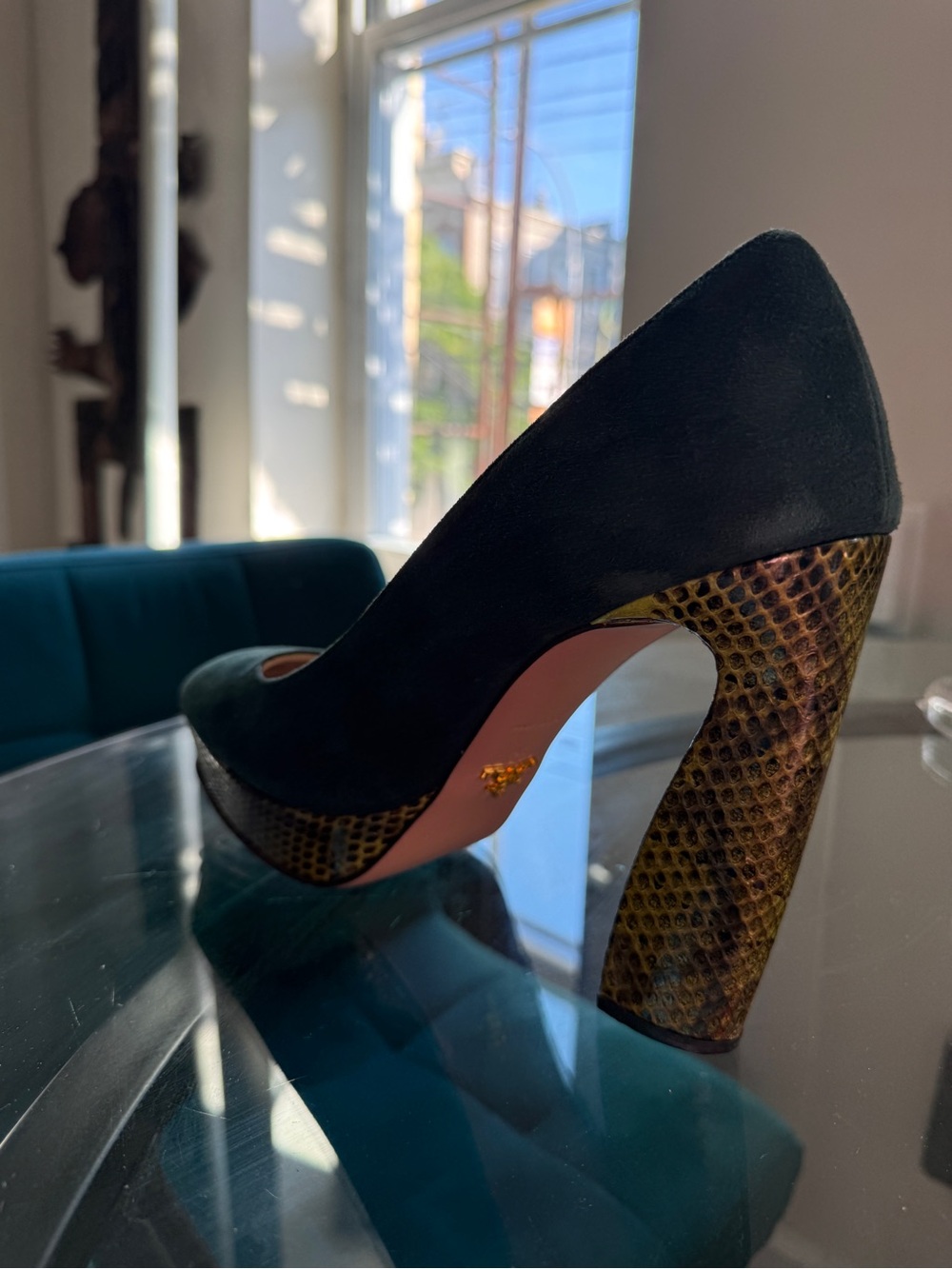 Prada Dark Green Suede Pumps with Olive Snake Textured Heel - Picture 4 of 8
